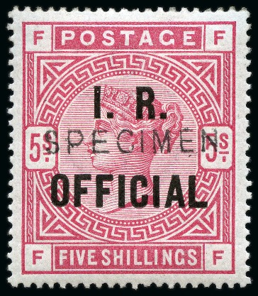 Stamp of Great Britain » Officials INLAND REVENUE: 1890 5s Rose on white paper I.R. Official mint hr with "SPECIMEN" type 11 overprint