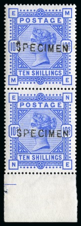 Stamp of Great Britain » 1855-1900 Surface Printed » 1883-84 & 1888 High Values 1883-84 10s Ultramarine mint nh lower marginal vertical pair with "SPECIMEN" type 11 overprint