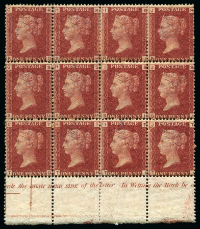 Stamp of Great Britain » 1854-70 Perforated Line Engraved 1864-79 1d Rose-Red pl.223 RG/TJ mint lower marginal block of twelve