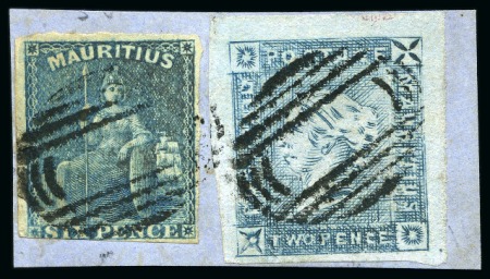 Stamp of Mauritius » 1859 Lapirot Issue » Intermediate Impressions (SG 38) 1859 Lapirot 2d blue, intermediate impression, used, position 9, in combination with Britannia 6d blue on piece