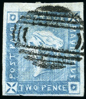 Stamp of Mauritius » 1859 Lapirot Issue » Intermediate Impressions (SG 38) 1859 Lapirot 2d blue, intermediate impression, used with clear large part oval bars cancel, position 4