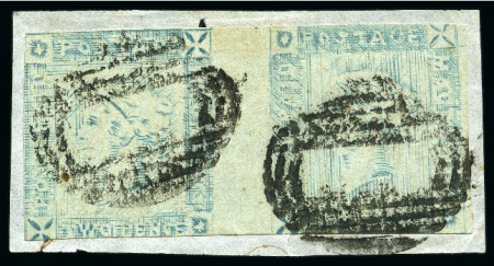 Stamp of Mauritius » 1859 Lapirot Issue » Worn Impressions (SG 39) 1859 Lapirot 2d blue, worn impression, used pair with complete oval bars cancels, positions 3-4