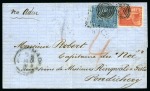 Stamp of Mauritius » 1859 Lapirot Issue » Intermediate Impressions (SG 38) 1859 Lapirot 2d blue, intermediate impression, in combination with 1858-62 Britannia (6d) vermilion, both tied by black target cancels on 1859 entire from Port Louis