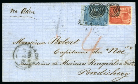 Stamp of Mauritius » 1859 Lapirot Issue » Intermediate Impressions (SG 38) 1859 Lapirot 2d blue, intermediate impression, in combination with 1858-62 Britannia (6d) vermilion, both tied by black target cancels on 1859 entire from Port Louis