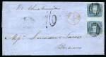 Stamp of Mauritius » 1859 Lapirot Issue » Intermediate Impressions (SG 38) 1859 Lapirot 2d blue, intermediate impression, horizontal pair, positions 5-6, on 1859 folded entire from Port Louis