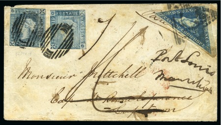 Stamp of Mauritius » 1859 Lapirot Issue » Intermediate Impressions (SG 38) UNIQUE MIXED FRANKING COVER: 1859 Lapirot 2d blue, two singles, on cover to Cape of Good Hope, redirrected with Cape Triangular 4d blue