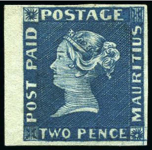 Stamp of Mauritius » 1848-59 Post Paid Issue » Earliest Impressions (SG 3-5) ONE OF THE FINEST RECORDED: 1848-59 Post Paid 2d deep blue, earliest impression, unused left marginal