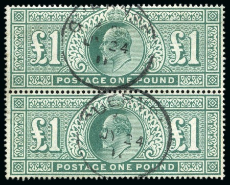 Stamp of Great Britain » King Edward VII » 1902-10 De La Rue Issues 1902-10 De La Rue £1 dull blue-green, vertical pair each cancelled by Guernsey JY 24 11 cds
