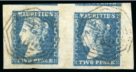 Stamp of Mauritius » 1859 Dardenne Issue (SG 41-44) EXTREMELY RARE USAGE WITH INDIA CANCEL: 1859 Dardenne 2d blue, horizontal pair with clear octagonal "B102" of Kedgeree, India