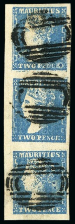 Stamp of Mauritius » 1859 Dardenne Issue (SG 41-44) THE UNIQUE STRIP OF THREE: 1859 Dardenne 2d blue, VERTICAL STRIP OF THREE, used