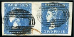 Stamp of Mauritius » 1859 Dardenne Issue (SG 41-44) PLATE FLAW RETOUCHED BELOW THE "TWO": 1859 Dardenne 2d blue, horizontal pair with one stamp showing retouch