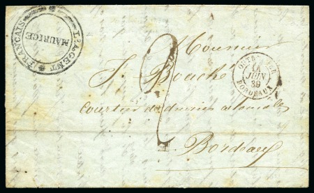 Stamp of Mauritius » Pre-Stamp & Stampless Postal History 1839 (14.3) Folded entire from Port Louis to France, bearing black double circle 'L'AGENT/FRANCAIS/MAURICE' forwarding agents despatch hs