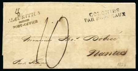 Stamp of Mauritius » Pre-Stamp & Stampless Postal History 1826 (23.12) Folded printed circular entire from Port Louis to France, bearing fine strike of the 2-line 'MAURITIUS/POST OFFICE' despatch hs (Type I) 