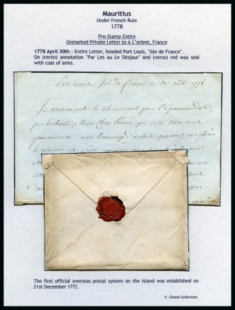 Stamp of Mauritius » Pre-Stamp & Stampless Postal History 1778 (30.4) Native unmarked private envelope and enclosed