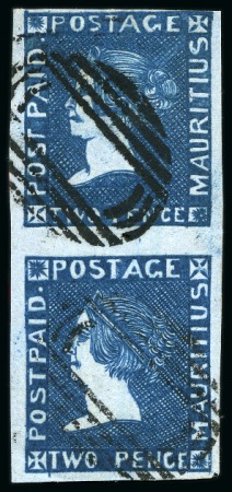 Stamp of Mauritius » 1859 Sherwin Issue (SG 40) 1859 Sherwin 2d deep blue, VERTICAL PAIR, position 2/5, used