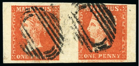 Stamp of Mauritius » 1859 Dardenne Issue (SG 41-44) 1859 Dardenne 1d red, used horizontal pair with oval bars cancel