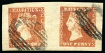 Stamp of Mauritius » 1859 Dardenne Issue (SG 41-44) 1859 Dardenne 1d deep red vermilion, used horizontal pair with oval bars cancel