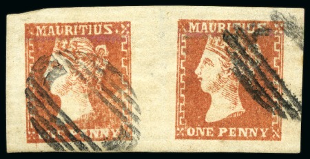Stamp of Mauritius » 1859 Dardenne Issue (SG 41-44) 1859 Dardenne 1d deep red vermilion, used horizontal pair with oval bars cancel