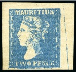 Stamp of Mauritius » 1859 Dardenne Issue (SG 41-44) 2d pale blue, unused single without gum, position 52, with the famous "Feather" plate variety