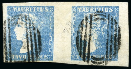 Stamp of Mauritius » 1859 Dardenne Issue (SG 41-44) 1859 Dardenne 2d pale blue, used horizontal pair, position 39-40, showing attractive ornate watermark