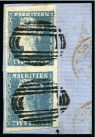 Stamp of Mauritius » 1859 Dardenne Issue (SG 41-44) 1859 Dardenne 2d slate-blue, used vertical pair tied on fragment, positions 40/46