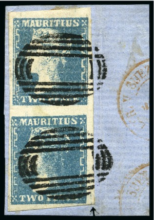 Stamp of Mauritius » 1859 Dardenne Issue (SG 41-44) 1859 Dardenne 2d slate-blue, used vertical pair tied on fragment, positions 40/46