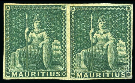 Stamp of Mauritius » Later Issues 1858-62 Britannia: (4d) green, imperf., unused horizontal pair with large part original gum