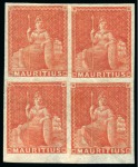 Stamp of Mauritius » Later Issues 1858-62 Britannia: 6d vermilion, imperf., bottom marginal block of four, unused with part original gum