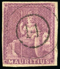 Stamp of Mauritius » Later Issues 1858-62 Britannia: (9d) dull magenta, imperf., used with central '14' target cancel
