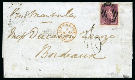 Stamp of Mauritius » Later Issues 1858-62 Britannia: (9d) dull magenta, imperf., neatly tied by black oval bars on 1860 folded entire to to Bordeaux