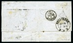 Stamp of Mauritius » Later Issues 1858-62 Britannia: (9d) dull magenta, imperf., neatly tied by black oval bars on 1860 folded entire to to Bordeaux