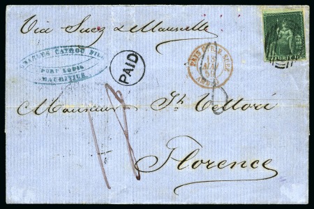 Stamp of Mauritius » Later Issues 1858-62 Britannia: (4d) green, imperf., neatly tied by black oval bars on 1859 folded entire from Port Louis to Italy