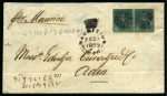 Stamp of Mauritius » Later Issues 1858-62 Britannia: (4d) green, two imperf. singles, neatly tied by black circular target cancels on 1859 folded envelope from Port Louis to Aden