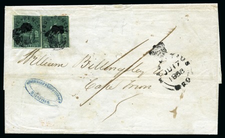 Stamp of Mauritius » 1858-62 Britannia Issues (SG 26-35) 1858 Britannia Surcharged Issue: 4d green, two imperf. singles, tied indistinct black circular target cancels on 1858 folded letter sheet from Port Louis to Cape of Good Hope