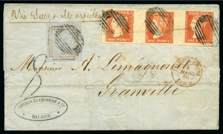 Stamp of Mauritius » 1859 Dardenne Issue (SG 41-44) UNIQUE COMBINATION COVER: 1859 Dardenne 1d red, HORIZONTAL STRIP OF THREE in combination with Post Paid 1d worn impression