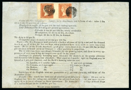 Stamp of Mauritius » 1859 Dardenne Issue (SG 41-44) UNIQUE PRINTED MATTER USAGE: 1859 Dardenne 1d dull vermilion, HORIZONTAL PAIR on 1860 folded printed circular 'Prices Current'