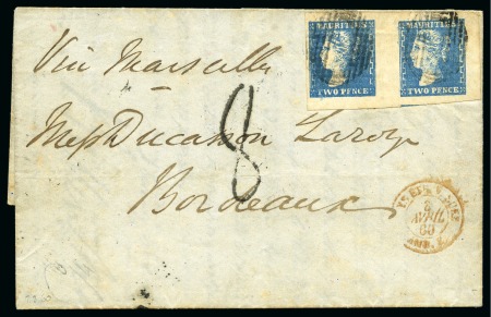 Stamp of Mauritius » 1859 Dardenne Issue (SG 41-44) 1859 Dardenne 2d blue, horizontal pair, good to huge margins, on 1860 folded entire from Port Louis
