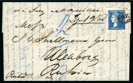 Stamp of Mauritius » 1859 Dardenne Issue (SG 41-44) RARE DESTINATION TO RUSSIA / FINLAND: 1859 Dardenne 2d intense blue on cover to Uleaborg