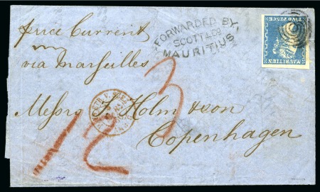 Stamp of Mauritius » 1859 Dardenne Issue (SG 41-44) EXTREMELY RARE DESTINATION TO DENMARK: 1859 Dardenne 2d pale blue on cover to Copenhagen