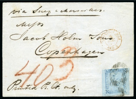 Stamp of Mauritius » 1859 Lapirot Issue » Worn Impressions (SG 39) EXTREMELY RARE DESTINATION TO DENMARK: 1859 Lapirot 2d blue, wprn impression, on cover to Denmark