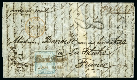 Stamp of Mauritius » 1848-59 Post Paid Issue » Latest Impressions (SG 23-25) 1848-59 Post Paid 2d blue, latest impression, position 12, tied by framed boxed 'BLACK RIVER/JA.9.1858', on 1858 folded entire
