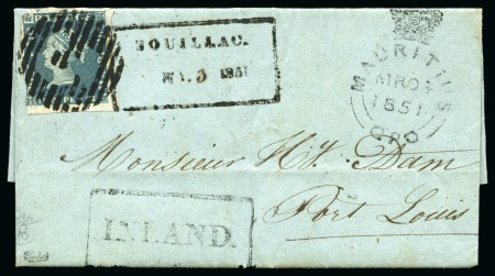 Stamp of Mauritius » 1848-59 Post Paid Issue » Early Impressions (SG 6-9) 1848-59 Post Paid 2d blue, early impression, position 7, showing the "PENOE" for "PENCE" variety on 1851 small neat folded entire