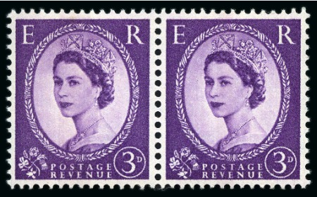 Stamp of Great Britain » Queen Elizabeth II 1959 Wildings 3d deep violet "Dollis Hill phosphor trial" perforated pair, with 4mm blue phosphor centre band left and 2mm blue phosphor centre band on right