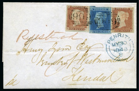 Stamp of Great Britain » 1841 2d Blue 1848 (May 30) Wrapper sent registered from Penrith to Kendal (Cumbria) with two 1841 1d pale red brown and a 1841 2d blue 