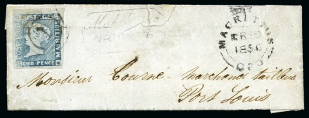 Stamp of Mauritius » 1848-59 Post Paid Issue » Worn Impressions (SG 16-22) 1848-59 Post Paid 2d blue, worn impression, position 10, neatly tied to folded entire from Mahebourg
