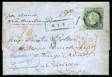 Stamp of Mauritius » 1848-59 Post Paid Issue » Intermediate Impressions (SG 10-15) 1848-59 Post Paid 2d blue, intermediate impression, position 5, tied by circular "1" in concentric circles on 1855 folded entire