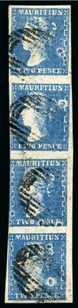 Stamp of Mauritius » 1859 Dardenne Issue (SG 41-44) THE LARGEST RECORDED MULTIPLE OF THE 1859 DARDENNE ISSUE: 2d blue, VERTICAL STRIP OF FOUR, used
