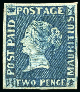 Stamp of Mauritius » 1848-59 Post Paid Issue » Early Impressions (SG 6-9) 1848-59 Post Paid 2d blue, early impression, position 8, UNUSED with large part original gum