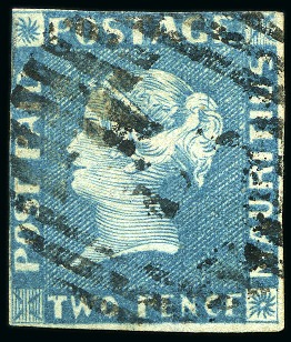 Stamp of Mauritius » 1848-59 Post Paid Issue » Early Impressions (SG 6-9) 1848-59 Post Paid 2d blue, early impression, position 9, used with "3" barred numeral of Souillac