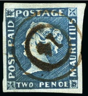 Stamp of Mauritius » 1848-59 Post Paid Issue » Early Impressions (SG 6-9) 1848-59 Post Paid 2d blue, early impression, position 7 showing the "PENOE" for "PENCE" variety